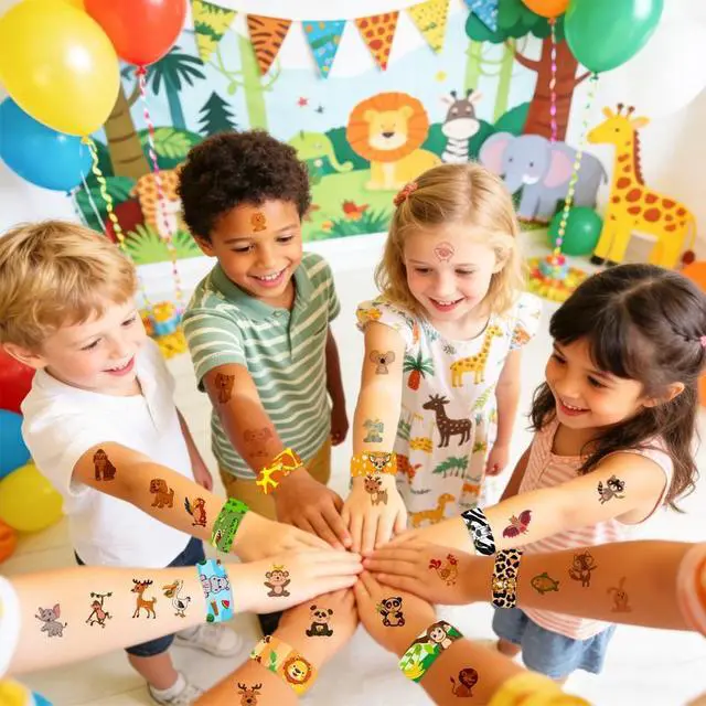 Alt view image 6 of 7 - Animal Party Favors Fillers, 108pcs Jungle Safari Party Favors Supplies Set Includes Animal Party Goodie Bags Keychains Slap Bracelets Wooden Animal Ornaments etc Safari Birthday Decorations