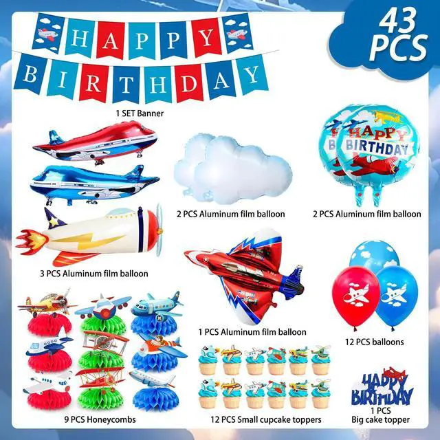Alt view image 2 of 7 - 43pcs Airplane Birthday Party Decorations, Vintage Airplane Party Decorations Set, Airplane Balloons Cake Decorations Plane Honeycomb Centerpieces etc Airplane Decorations
