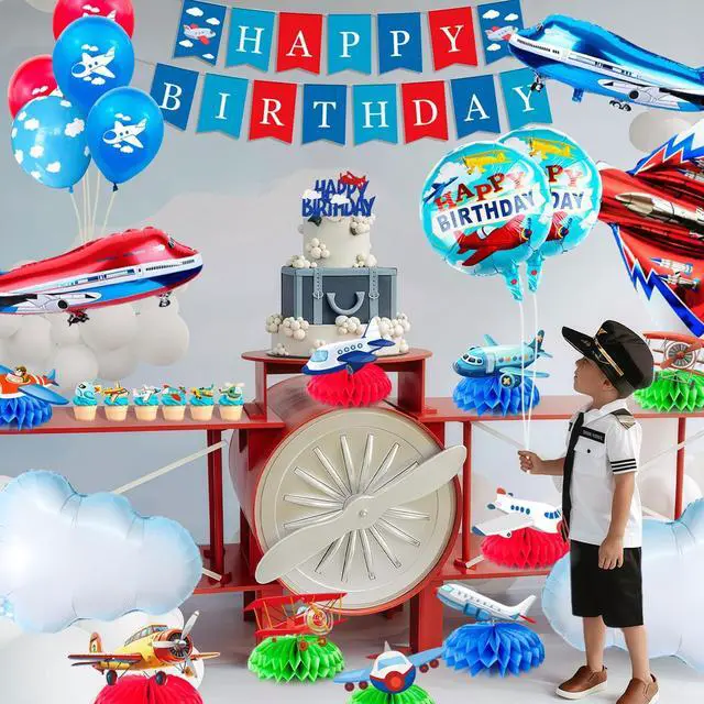 Alt view image 6 of 7 - 43pcs Airplane Birthday Party Decorations, Vintage Airplane Party Decorations Set, Airplane Balloons Cake Decorations Plane Honeycomb Centerpieces etc Airplane Decorations