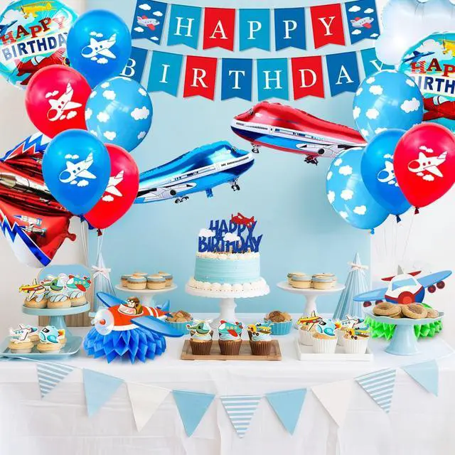 Alt view image 5 of 7 - 43pcs Airplane Birthday Party Decorations, Vintage Airplane Party Decorations Set, Airplane Balloons Cake Decorations Plane Honeycomb Centerpieces etc Airplane Decorations