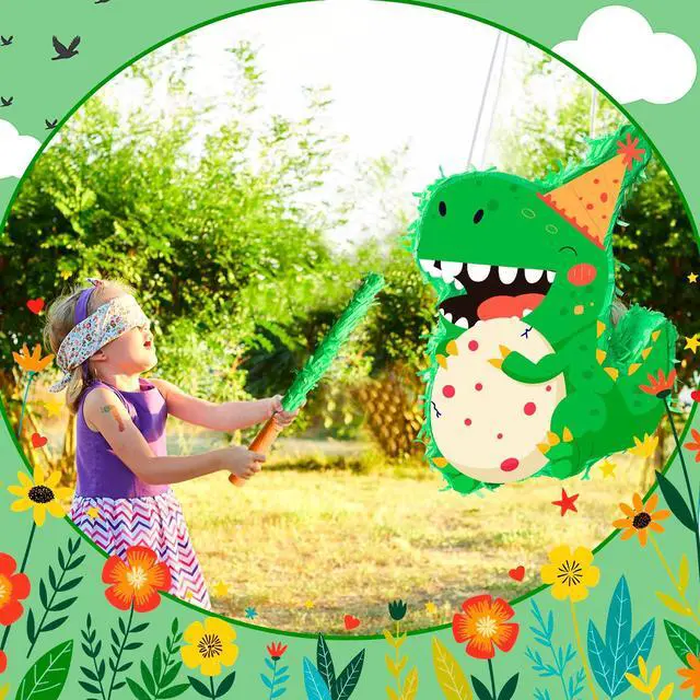 Alt view image 3 of 7 - Dinosaur Piñata, 15.7'' Dino Themed Party Pinata Bundle - Dino Piñata Large, Dinosaur Party Decorations Blindfold & Dinosaur Birthday Party Stick etc Dinosaur Birthday Party Supplies for Boys Girls