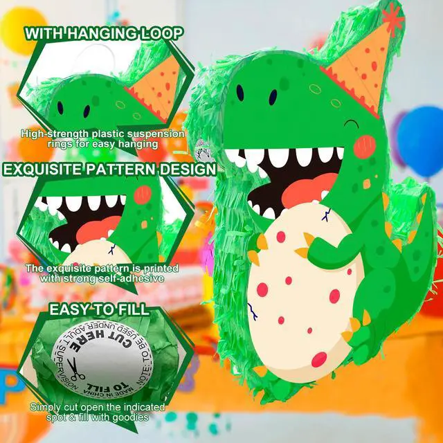 Alt view image 4 of 7 - Dinosaur Piñata, 15.7'' Dino Themed Party Pinata Bundle - Dino Piñata Large, Dinosaur Party Decorations Blindfold & Dinosaur Birthday Party Stick etc Dinosaur Birthday Party Supplies for Boys Girls
