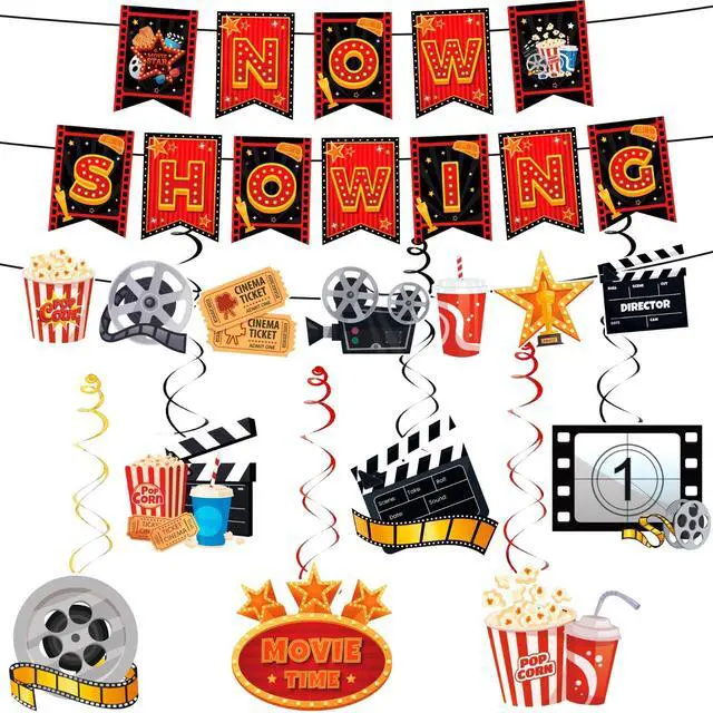 Main image of Movie Night Party Swirl Banner, 8pcs Movie Night Birthday Party Decorations Set - Movie Night Hanging Swirl & Movie Night Now Showing Banner for Movie Theme Party Decorations & Movie Night Decorations