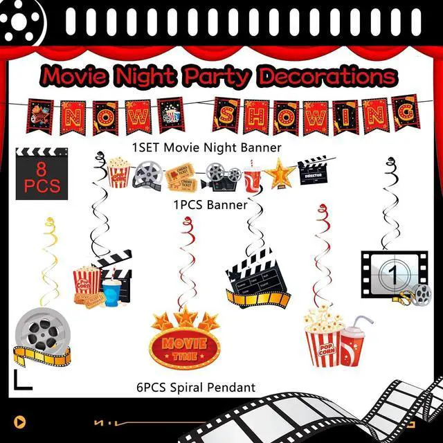 Alt view image 2 of 7 - Movie Night Party Swirl Banner, 8pcs Movie Night Birthday Party Decorations Set - Movie Night Hanging Swirl & Movie Night Now Showing Banner for Movie Theme Party Decorations & Movie Night Decorations