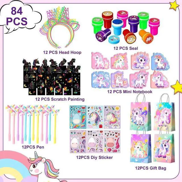 Alt view image 2 of 7 - 84pcs Unicorn Birthday Decorations Set Including Make Your Own Unicorn Stickers Bags Pens Notebooks Scratch Cards etc Unicorn Birthday Party Supplies