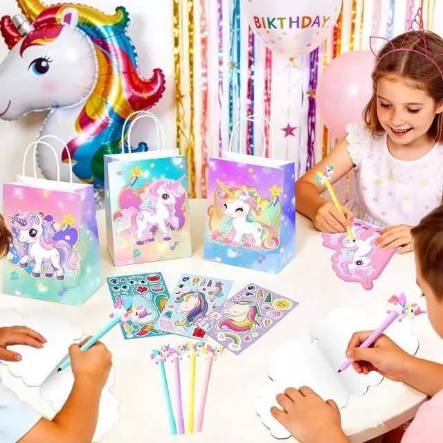 Alt view image 5 of 7 - 84pcs Unicorn Birthday Decorations Set Including Make Your Own Unicorn Stickers Bags Pens Notebooks Scratch Cards etc Unicorn Birthday Party Supplies