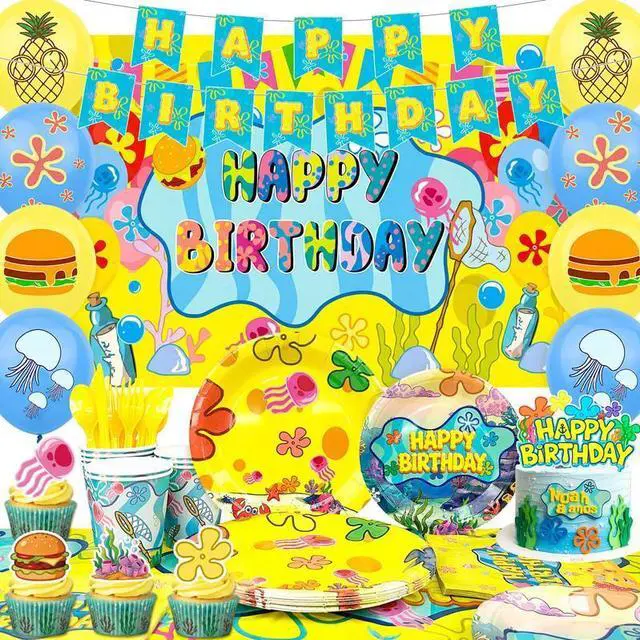 Main image of Cartoon Sponge Birthday Supplies, 120pcs Yellow Undersea Happy Birthday Decorations Including Cartoon Sponge Tableware Set Plates Cake Topper Balloons etc Yellow Square Sponge Party Decorations