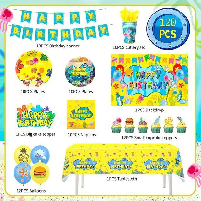 Alt view image 2 of 7 - Cartoon Sponge Birthday Supplies, 120pcs Yellow Undersea Happy Birthday Decorations Including Cartoon Sponge Tableware Set Plates Cake Topper Balloons etc Yellow Square Sponge Party Decorations