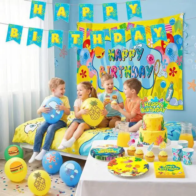 Alt view image 3 of 7 - Cartoon Sponge Birthday Supplies, 120pcs Yellow Undersea Happy Birthday Decorations Including Cartoon Sponge Tableware Set Plates Cake Topper Balloons etc Yellow Square Sponge Party Decorations