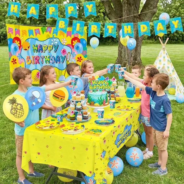 Alt view image 5 of 7 - Cartoon Sponge Birthday Supplies, 120pcs Yellow Undersea Happy Birthday Decorations Including Cartoon Sponge Tableware Set Plates Cake Topper Balloons etc Yellow Square Sponge Party Decorations