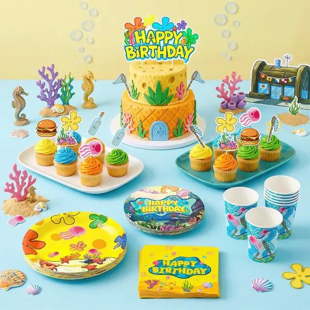 Alt view image 6 of 7 - Cartoon Sponge Birthday Supplies, 120pcs Yellow Undersea Happy Birthday Decorations Including Cartoon Sponge Tableware Set Plates Cake Topper Balloons etc Yellow Square Sponge Party Decorations