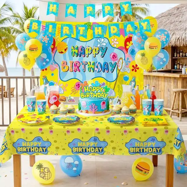 Alt view image 7 of 7 - Cartoon Sponge Birthday Supplies, 120pcs Yellow Undersea Happy Birthday Decorations Including Cartoon Sponge Tableware Set Plates Cake Topper Balloons etc Yellow Square Sponge Party Decorations