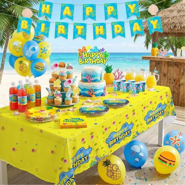 Alt view image 4 of 7 - Cartoon Sponge Birthday Supplies, 120pcs Yellow Undersea Happy Birthday Decorations Including Cartoon Sponge Tableware Set Plates Cake Topper Balloons etc Yellow Square Sponge Party Decorations