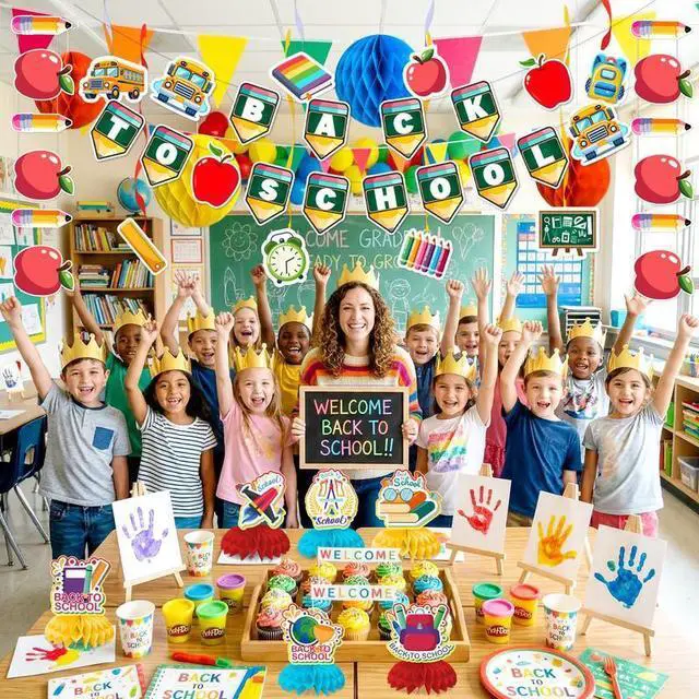 Alt view image 4 of 7 - Welcome Back to School Decorations, 48pcs First Day of School Decoration Supplies Including Back to School Banner Hanging Swirls Honeycomb Centerpiece Banner Welcome First Day School Decor