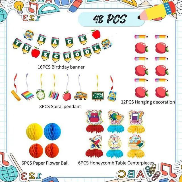 Alt view image 2 of 7 - Welcome Back to School Decorations, 48pcs First Day of School Decoration Supplies Including Back to School Banner Hanging Swirls Honeycomb Centerpiece Banner Welcome First Day School Decor