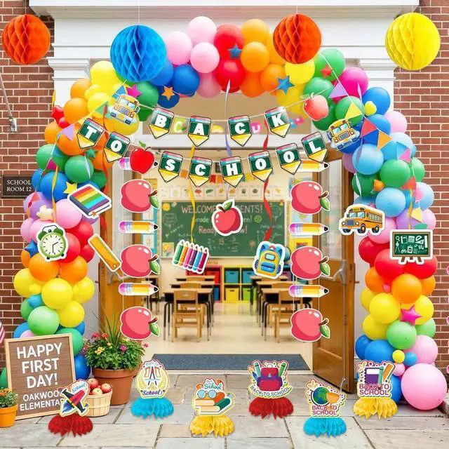 Alt view image 7 of 7 - Welcome Back to School Decorations, 48pcs First Day of School Decoration Supplies Including Back to School Banner Hanging Swirls Honeycomb Centerpiece Banner Welcome First Day School Decor