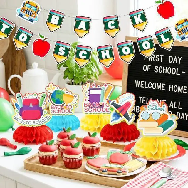 Alt view image 3 of 7 - Welcome Back to School Decorations, 48pcs First Day of School Decoration Supplies Including Back to School Banner Hanging Swirls Honeycomb Centerpiece Banner Welcome First Day School Decor