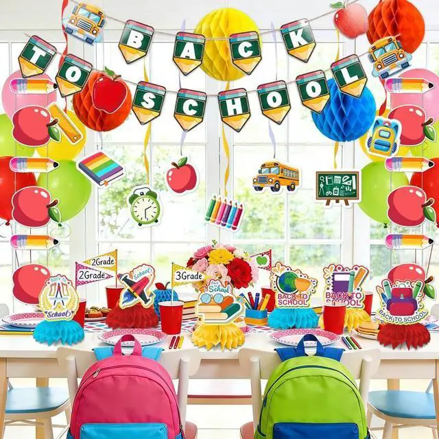 Alt view image 5 of 7 - Welcome Back to School Decorations, 48pcs First Day of School Decoration Supplies Including Back to School Banner Hanging Swirls Honeycomb Centerpiece Banner Welcome First Day School Decor