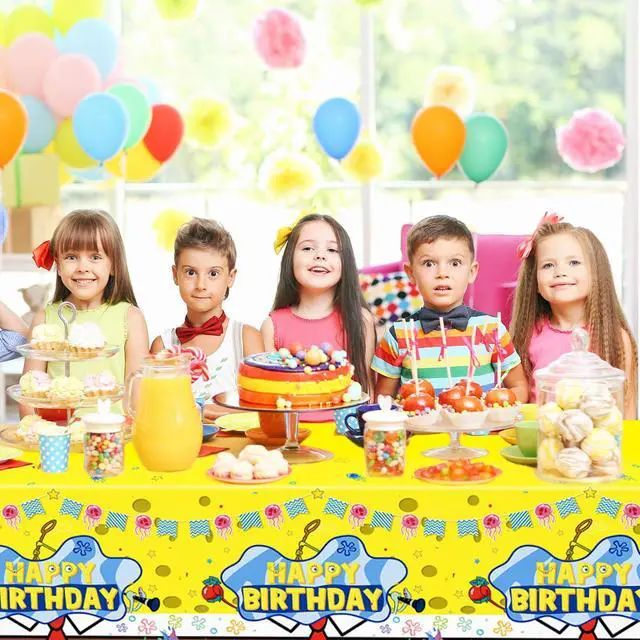 Alt view image 5 of 7 - 3 Pcs Yellow Sponge Birthday Party Tablecloth, 42" x 70" Under the Sea Jellyfish Tablecloth Yellow Sponge Birthday Party Decorations Supplies