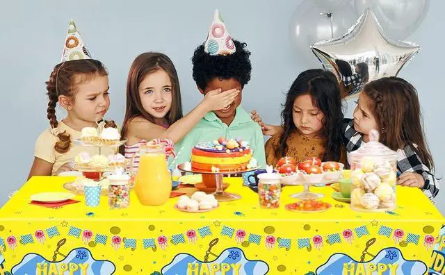 Alt view image 7 of 7 - 3 Pcs Yellow Sponge Birthday Party Tablecloth, 42" x 70" Under the Sea Jellyfish Tablecloth Yellow Sponge Birthday Party Decorations Supplies