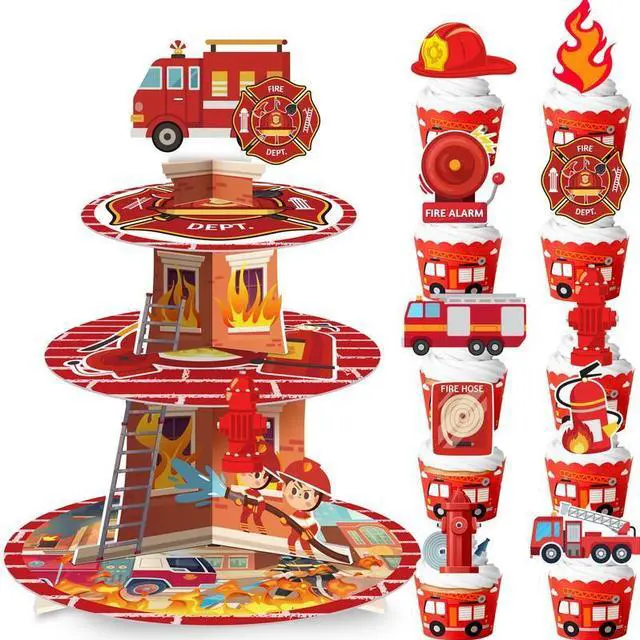 Main image of Firefighter Party Decoration Cupcake Stand, Firefighter Birthday Party Decorations Set Includes 3 Tier Fire Truck Cupcake Holder, 12pcs Firetruck Cupcake Toppers for Firetruck Birthday Decorations