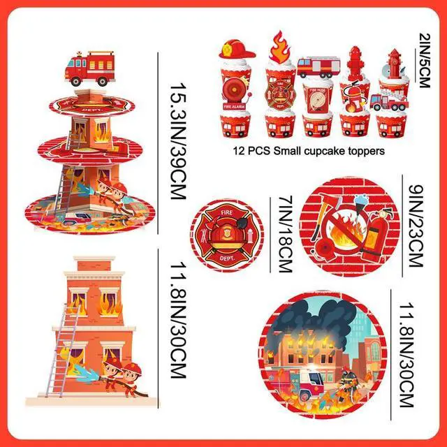 Alt view image 2 of 7 - Firefighter Party Decoration Cupcake Stand, Firefighter Birthday Party Decorations Set Includes 3 Tier Fire Truck Cupcake Holder, 12pcs Firetruck Cupcake Toppers for Firetruck Birthday Decorations
