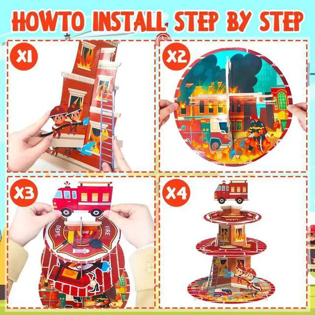 Alt view image 3 of 7 - Firefighter Party Decoration Cupcake Stand, Firefighter Birthday Party Decorations Set Includes 3 Tier Fire Truck Cupcake Holder, 12pcs Firetruck Cupcake Toppers for Firetruck Birthday Decorations