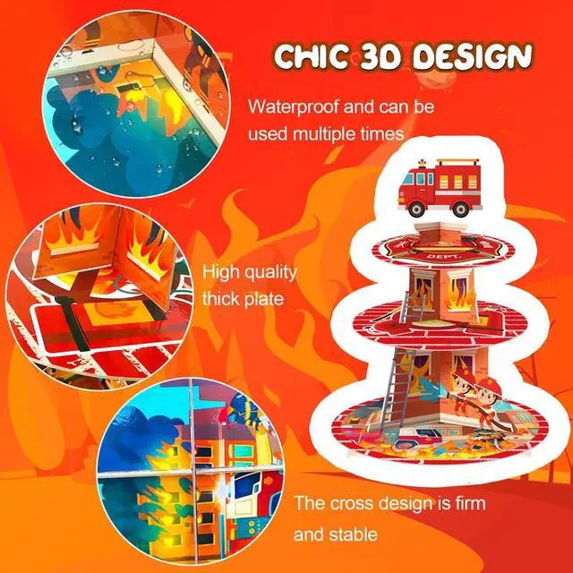 Alt view image 4 of 7 - Firefighter Party Decoration Cupcake Stand, Firefighter Birthday Party Decorations Set Includes 3 Tier Fire Truck Cupcake Holder, 12pcs Firetruck Cupcake Toppers for Firetruck Birthday Decorations