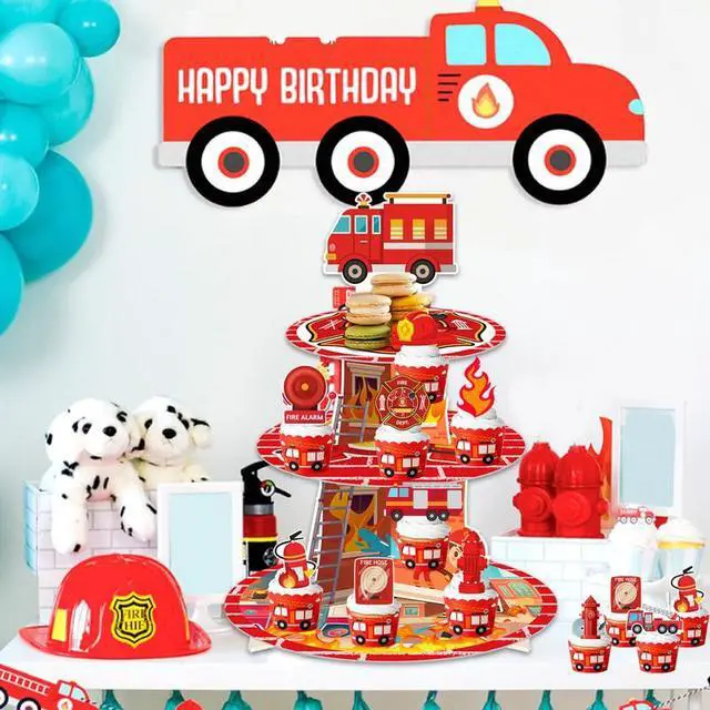 Alt view image 5 of 7 - Firefighter Party Decoration Cupcake Stand, Firefighter Birthday Party Decorations Set Includes 3 Tier Fire Truck Cupcake Holder, 12pcs Firetruck Cupcake Toppers for Firetruck Birthday Decorations