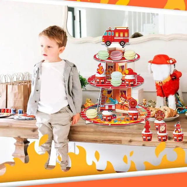 Alt view image 6 of 7 - Firefighter Party Decoration Cupcake Stand, Firefighter Birthday Party Decorations Set Includes 3 Tier Fire Truck Cupcake Holder, 12pcs Firetruck Cupcake Toppers for Firetruck Birthday Decorations