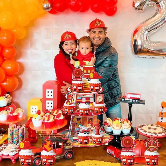 Alt view image 7 of 7 - Firefighter Party Decoration Cupcake Stand, Firefighter Birthday Party Decorations Set Includes 3 Tier Fire Truck Cupcake Holder, 12pcs Firetruck Cupcake Toppers for Firetruck Birthday Decorations