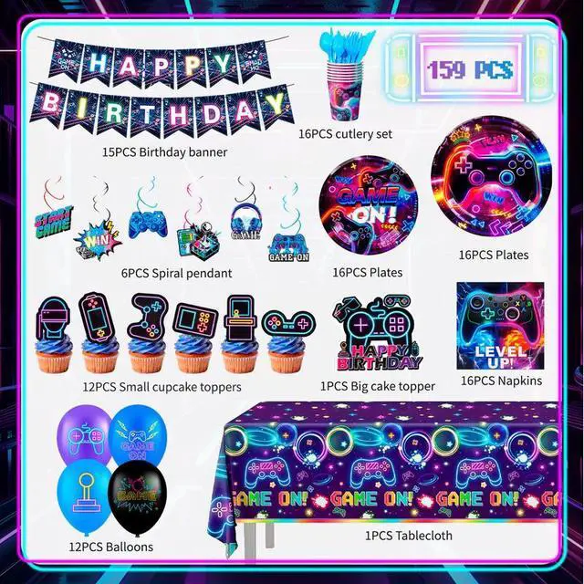 Alt view image 2 of 7 - 159pcs Video Game Birthday Decorations, 16 Guests Glowing Video Game Birthday Party Tableware Balloons Cups Plates for Video Gaming Birthday Party Decorations Supplies
