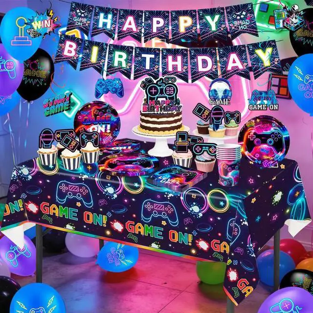 Alt view image 3 of 7 - 159pcs Video Game Birthday Decorations, 16 Guests Glowing Video Game Birthday Party Tableware Balloons Cups Plates for Video Gaming Birthday Party Decorations Supplies