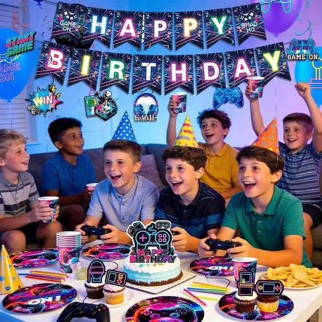 Alt view image 7 of 7 - 159pcs Video Game Birthday Decorations, 16 Guests Glowing Video Game Birthday Party Tableware Balloons Cups Plates for Video Gaming Birthday Party Decorations Supplies