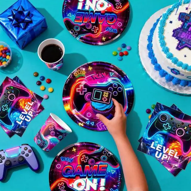 Alt view image 4 of 7 - 159pcs Video Game Birthday Decorations, 16 Guests Glowing Video Game Birthday Party Tableware Balloons Cups Plates for Video Gaming Birthday Party Decorations Supplies