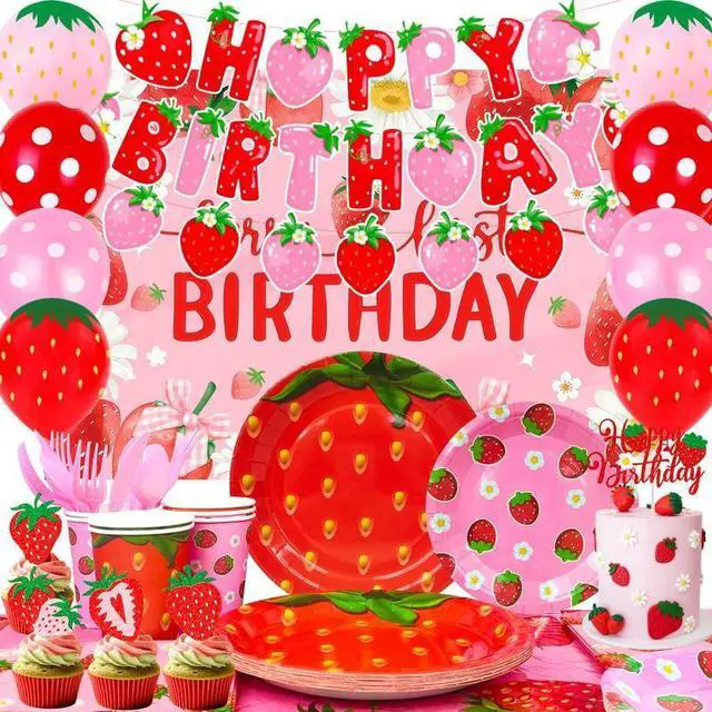 Main image of Strawberry Birthday Decorations, 123pcs Strawberry Party Supplies Set Includes Strawberry Paper Plates Tablecloth Strawberry Birthday Cupcake Toppers etc Strawberry Party Decorations