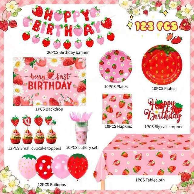 Alt view image 2 of 7 - Strawberry Birthday Decorations, 123pcs Strawberry Party Supplies Set Includes Strawberry Paper Plates Tablecloth Strawberry Birthday Cupcake Toppers etc Strawberry Party Decorations