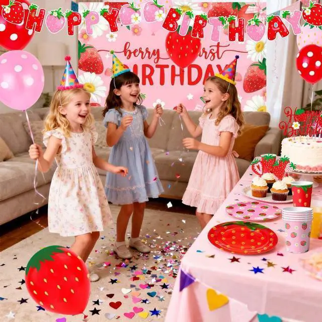 Alt view image 4 of 7 - Strawberry Birthday Decorations, 123pcs Strawberry Party Supplies Set Includes Strawberry Paper Plates Tablecloth Strawberry Birthday Cupcake Toppers etc Strawberry Party Decorations