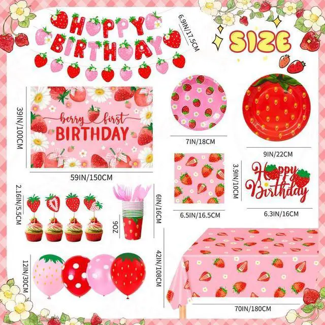 Alt view image 3 of 7 - Strawberry Birthday Decorations, 123pcs Strawberry Party Supplies Set Includes Strawberry Paper Plates Tablecloth Strawberry Birthday Cupcake Toppers etc Strawberry Party Decorations