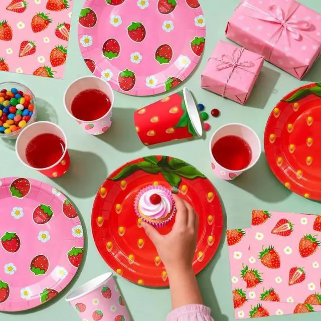 Alt view image 5 of 7 - Strawberry Birthday Decorations, 123pcs Strawberry Party Supplies Set Includes Strawberry Paper Plates Tablecloth Strawberry Birthday Cupcake Toppers etc Strawberry Party Decorations