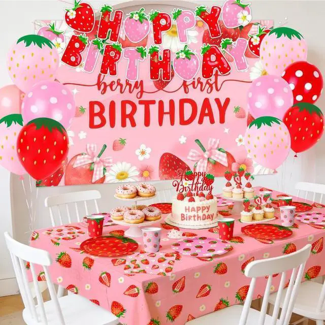Alt view image 7 of 7 - Strawberry Birthday Decorations, 123pcs Strawberry Party Supplies Set Includes Strawberry Paper Plates Tablecloth Strawberry Birthday Cupcake Toppers etc Strawberry Party Decorations