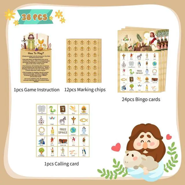 Alt view image 2 of 7 - Bible Bingo Game, 38pcs Biblical Party Favors Set Including Bible School Bingo Cards for Religious Party Decorations Biblical Party Decorations