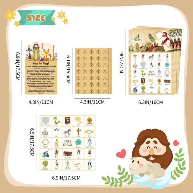 Alt view image 3 of 7 - Bible Bingo Game, 38pcs Biblical Party Favors Set Including Bible School Bingo Cards for Religious Party Decorations Biblical Party Decorations