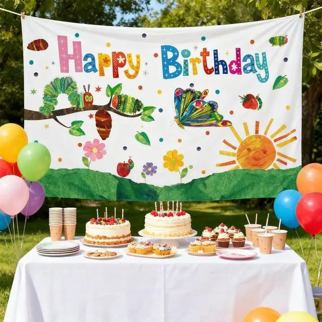 Alt view image 3 of 7 - "43.3'' x 71'' Hungry Caterpillar Background Caterpillar Birthday Decoration,Caterpillar Birthday Party Supplies, Caterpillar Party Decorations, Spring Party Decorations, Butterfly Banners"