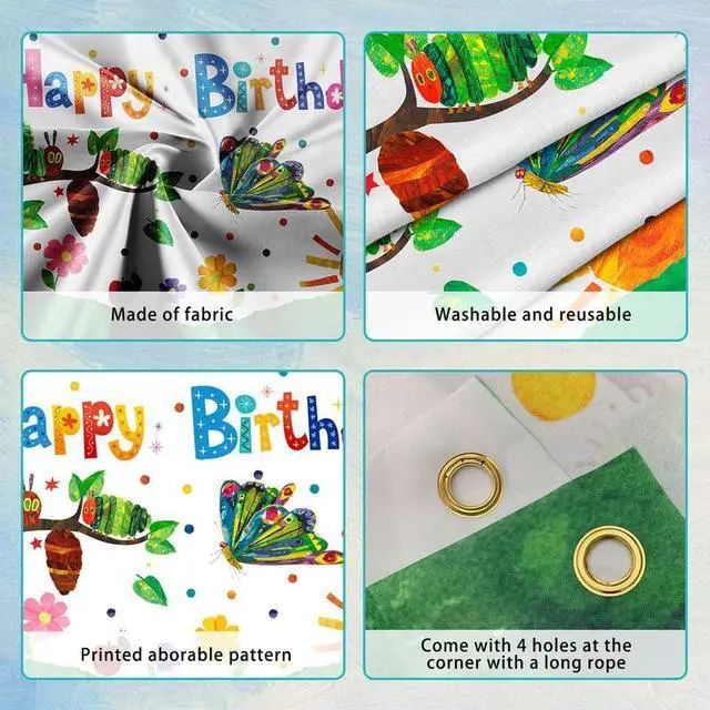 Alt view image 5 of 7 - "43.3'' x 71'' Hungry Caterpillar Background Caterpillar Birthday Decoration,Caterpillar Birthday Party Supplies, Caterpillar Party Decorations, Spring Party Decorations, Butterfly Banners"