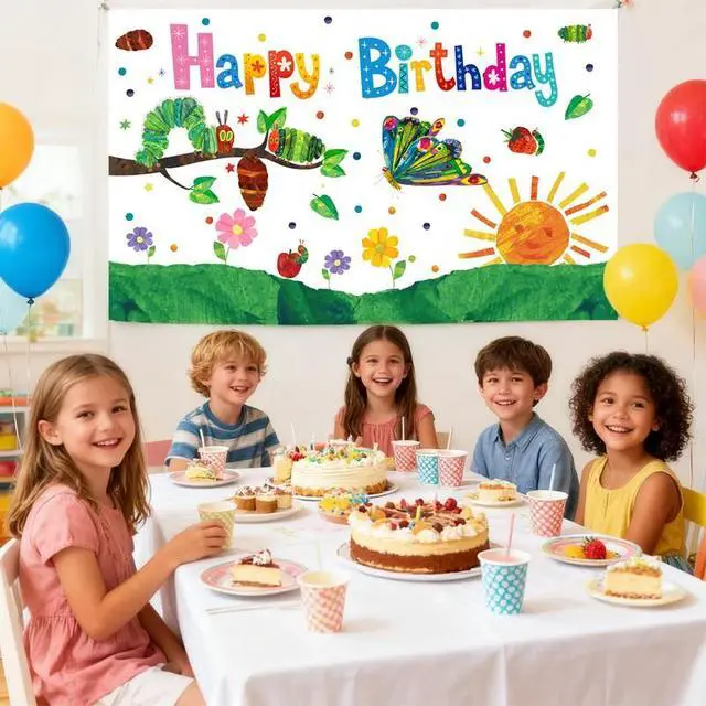 Alt view image 6 of 7 - "43.3'' x 71'' Hungry Caterpillar Background Caterpillar Birthday Decoration,Caterpillar Birthday Party Supplies, Caterpillar Party Decorations, Spring Party Decorations, Butterfly Banners"