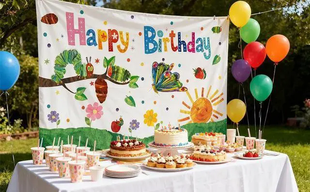 Alt view image 7 of 7 - "43.3'' x 71'' Hungry Caterpillar Background Caterpillar Birthday Decoration,Caterpillar Birthday Party Supplies, Caterpillar Party Decorations, Spring Party Decorations, Butterfly Banners"
