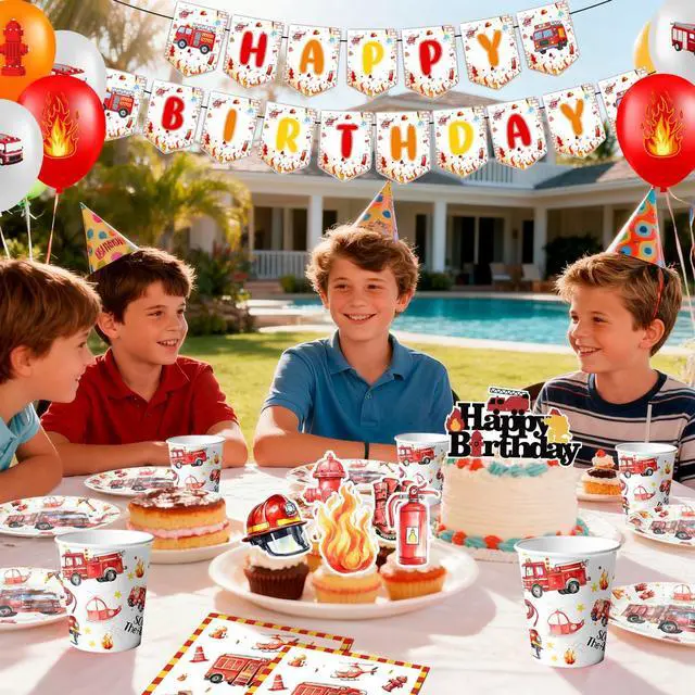Alt view image 3 of 7 - Fire Truck Birthday Party Supplies, 103pcs Firetruck Birthday Decorations & Tableware Set - Fire Truck Party Plates Cups & Fire Truck Cake Decorations Banner etc Firefighter Birthday Party Decorations