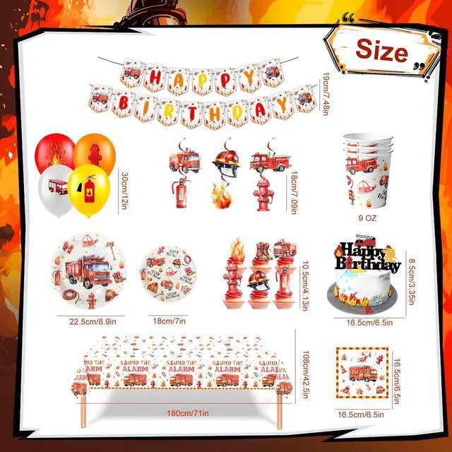 Alt view image 7 of 7 - Fire Truck Birthday Party Supplies, 103pcs Firetruck Birthday Decorations & Tableware Set - Fire Truck Party Plates Cups & Fire Truck Cake Decorations Banner etc Firefighter Birthday Party Decorations