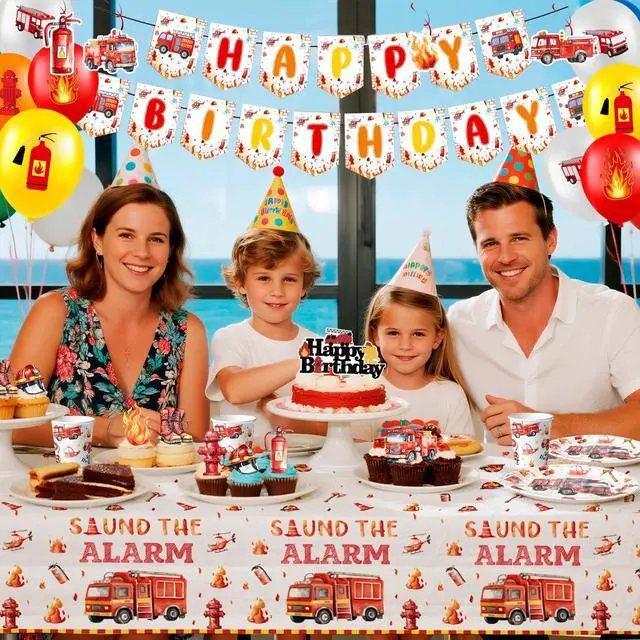 Alt view image 5 of 7 - Fire Truck Birthday Party Supplies, 103pcs Firetruck Birthday Decorations & Tableware Set - Fire Truck Party Plates Cups & Fire Truck Cake Decorations Banner etc Firefighter Birthday Party Decorations